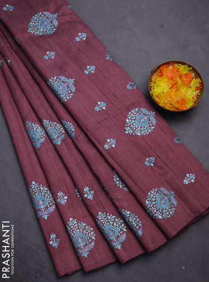 Semi raw silk saree mauve pink with embroidery work buttas and embroidery butta border