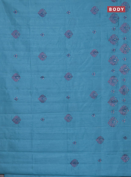Semi raw silk saree teal blue with embroidery work buttas and embroidery butta border