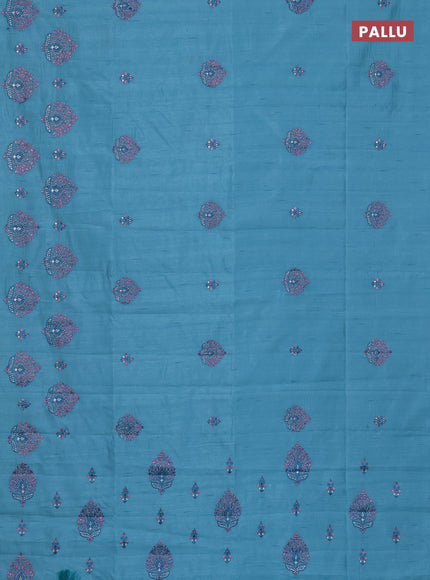 Semi raw silk saree teal blue with embroidery work buttas and embroidery butta border