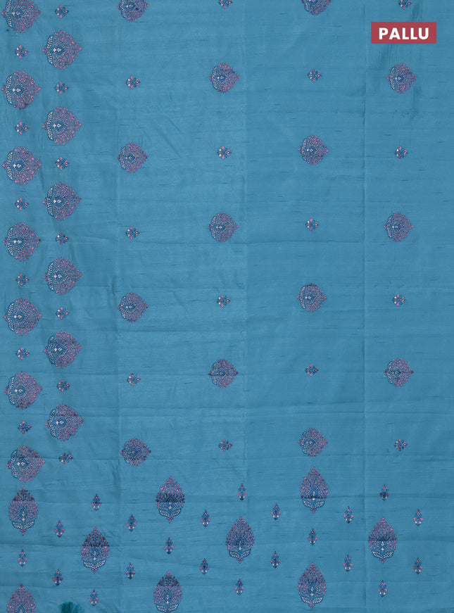 Semi raw silk saree teal blue with embroidery work buttas and embroidery butta border