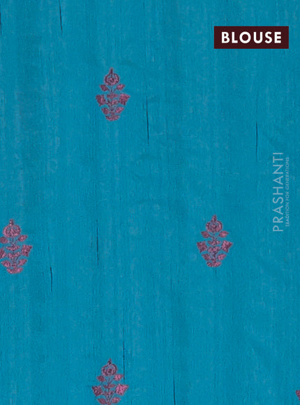 Semi raw silk saree teal blue with embroidery work buttas and embroidery butta border