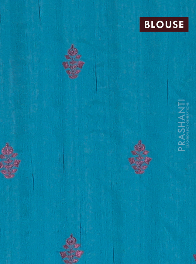 Semi raw silk saree teal blue with embroidery work buttas and embroidery butta border