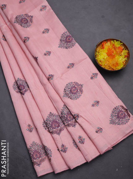 Semi raw silk saree peach pink with embroidery work buttas and embroidery butta border