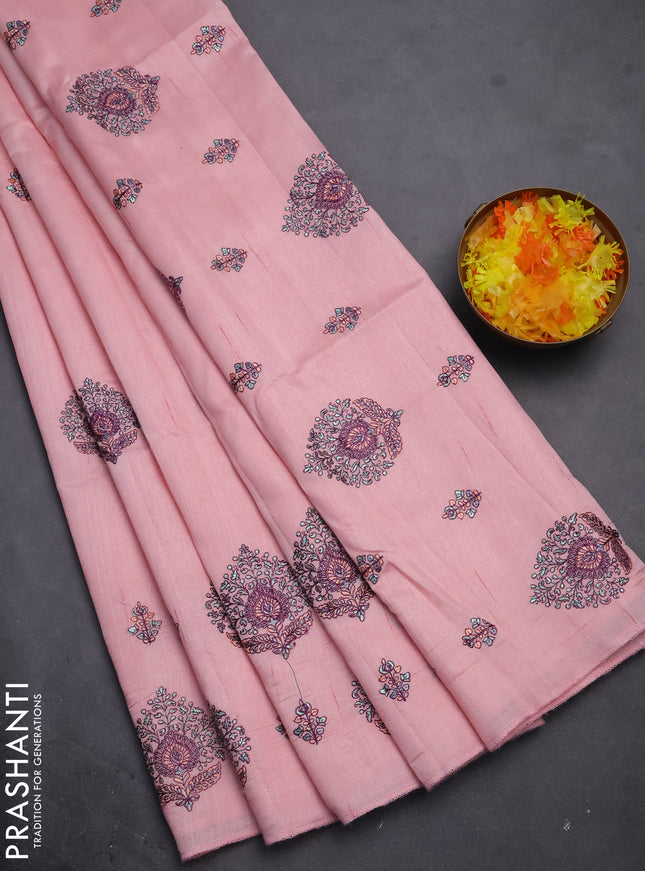 Semi raw silk saree peach pink with embroidery work buttas and embroidery butta border