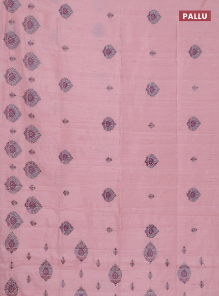 Semi raw silk saree peach pink with embroidery work buttas and embroidery butta border