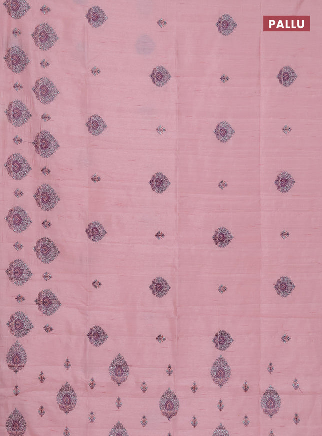 Semi raw silk saree peach pink with embroidery work buttas and embroidery butta border