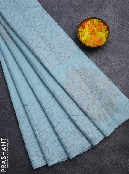 Semi raw silk saree light blue with embroidery work buttas and silver zari woven border