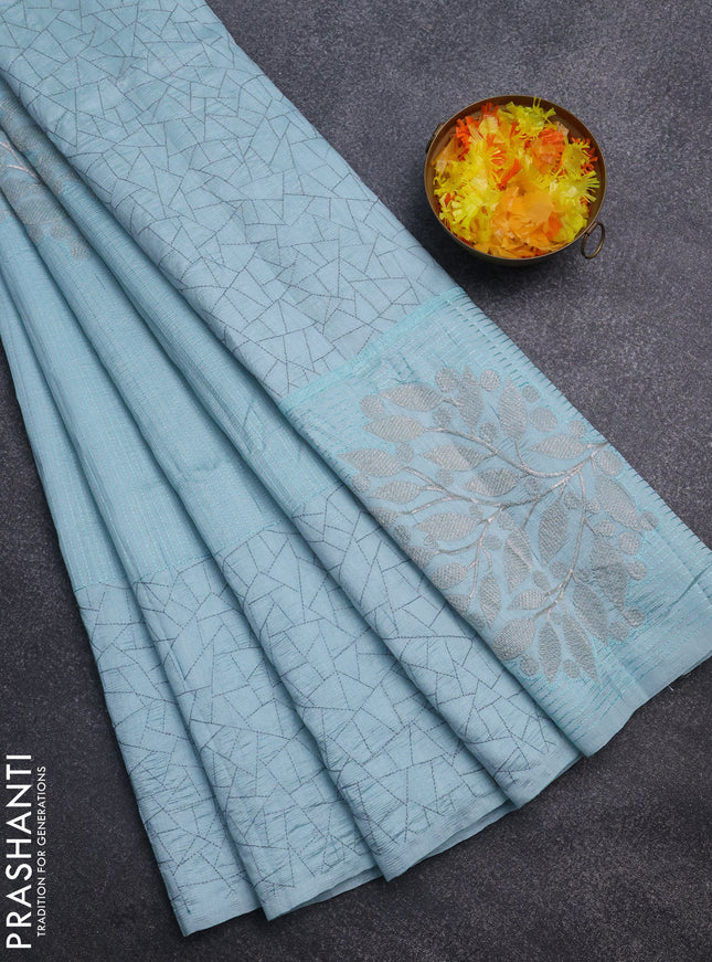 Semi raw silk saree light blue with embroidery work buttas and silver zari woven border