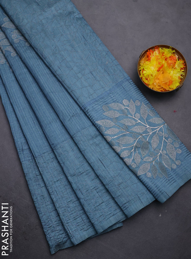 Semi raw silk saree pastel blue with embroidery work buttas and silver zari woven border