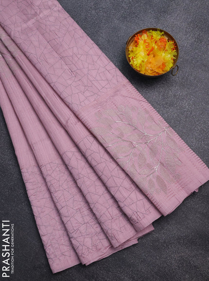 Semi raw silk saree pastel pink with embroidery work buttas and silver zari woven border