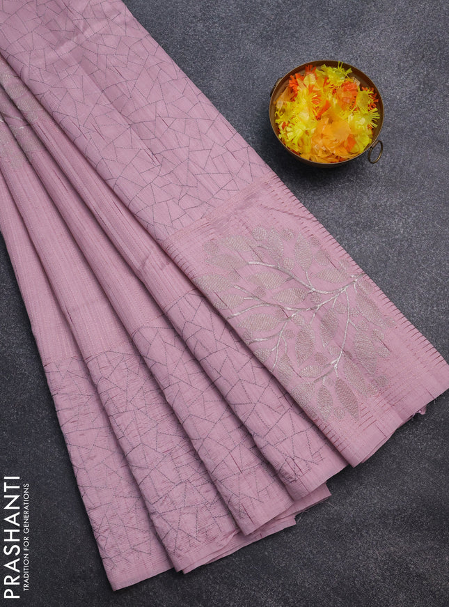 Semi raw silk saree pastel pink with embroidery work buttas and silver zari woven border