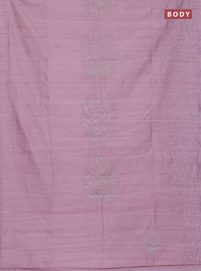Semi raw silk saree pastel pink with embroidery work buttas and silver zari woven border