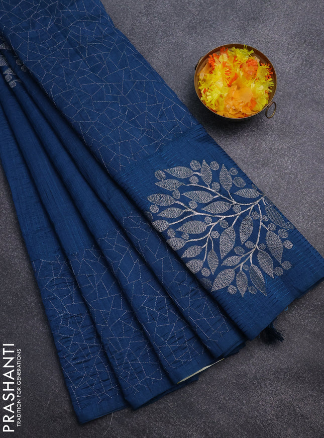Semi raw silk saree peacock blue with embroidery work buttas and silver zari woven border