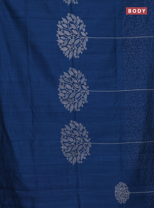 Semi raw silk saree peacock blue with embroidery work buttas and silver zari woven border