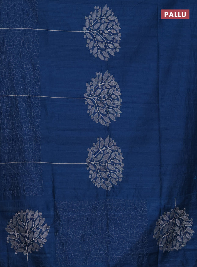 Semi raw silk saree peacock blue with embroidery work buttas and silver zari woven border