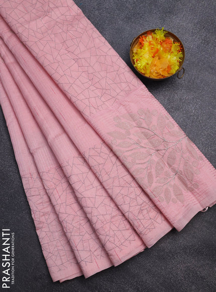 Semi raw silk saree peach shade with embroidery work buttas and silver zari woven border