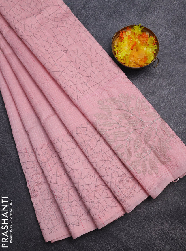 Semi raw silk saree peach shade with embroidery work buttas and silver zari woven border