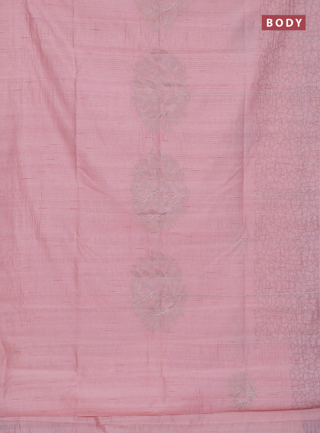 Semi raw silk saree peach shade with embroidery work buttas and silver zari woven border