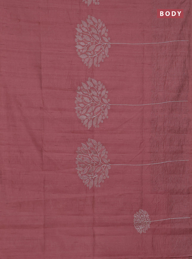 Semi raw silk saree rust shade with embroidery work buttas and silver zari woven border
