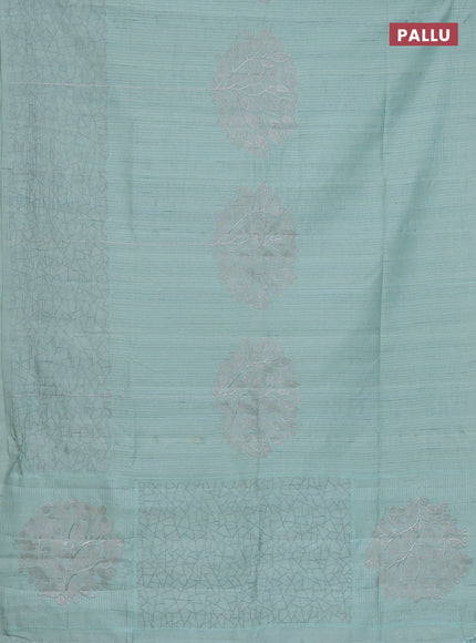 Semi raw silk saree pastel green with embroidery work buttas and silver zari woven border