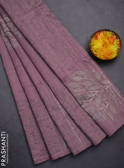 Semi raw silk saree mauve pink with embroidery work buttas and silver zari woven border