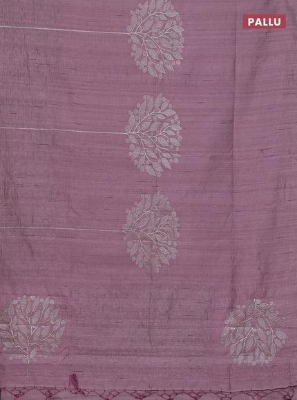 Semi raw silk saree mauve pink with embroidery work buttas and silver zari woven border