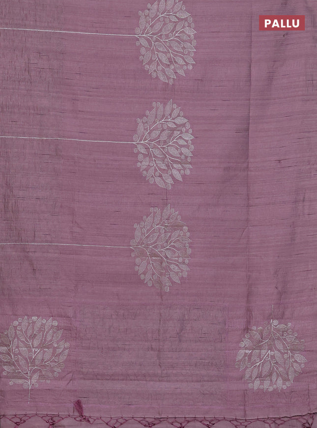 Semi raw silk saree mauve pink with embroidery work buttas and silver zari woven border