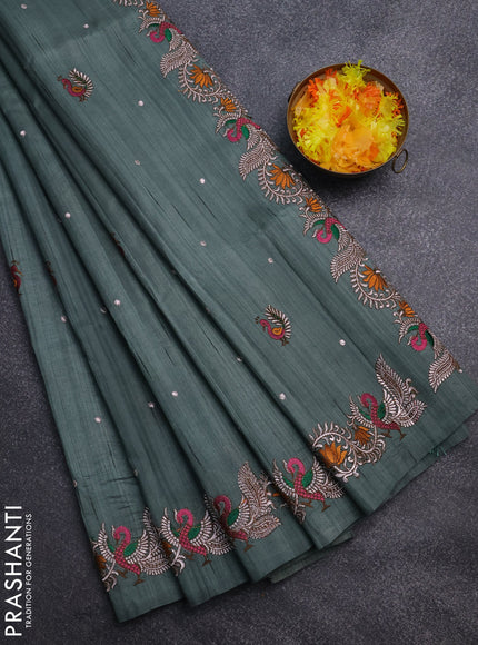 Semi raw silk saree green shade with embroidery work buttas and annam design embroidery border