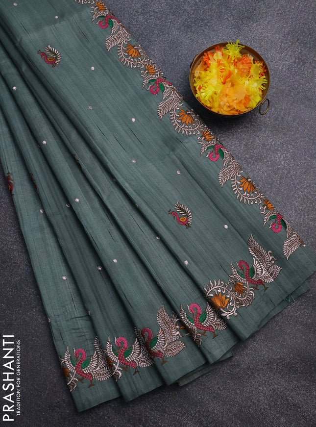 Semi raw silk saree green shade with embroidery work buttas and annam design embroidery border