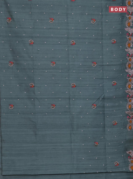 Semi raw silk saree green shade with embroidery work buttas and annam design embroidery border