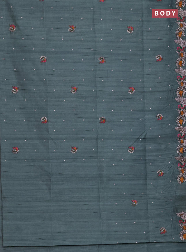 Semi raw silk saree green shade with embroidery work buttas and annam design embroidery border