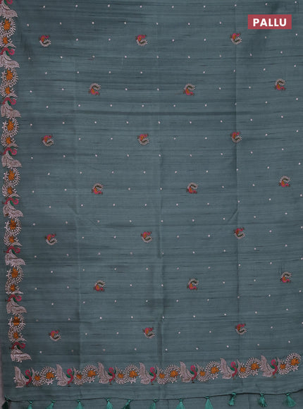 Semi raw silk saree green shade with embroidery work buttas and annam design embroidery border