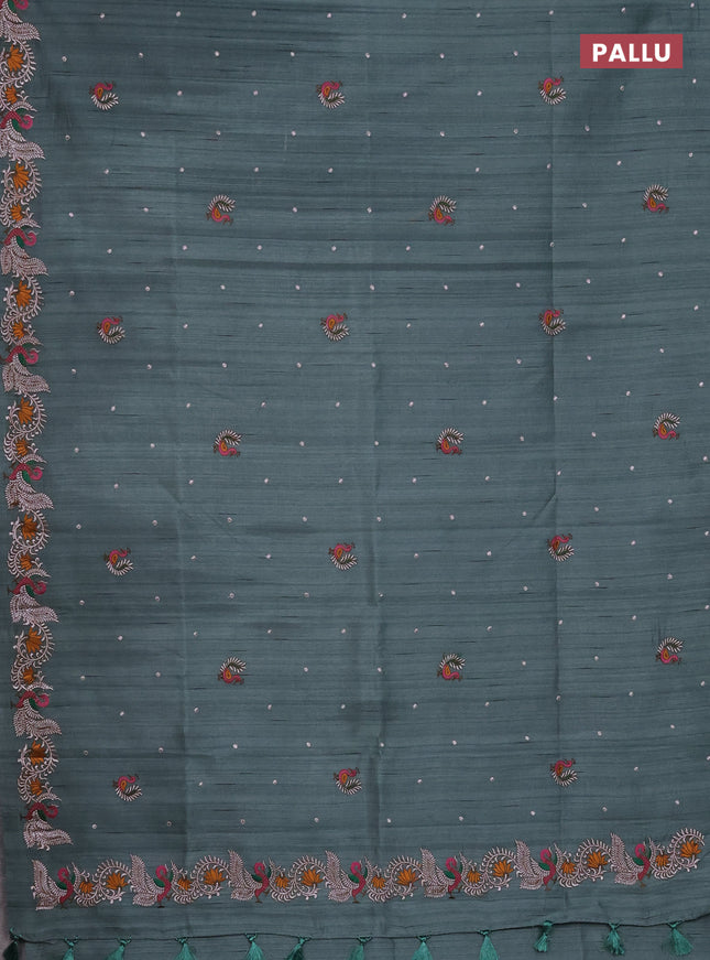 Semi raw silk saree green shade with embroidery work buttas and annam design embroidery border