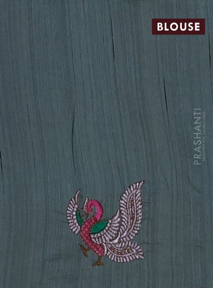 Semi raw silk saree green shade with embroidery work buttas and annam design embroidery border