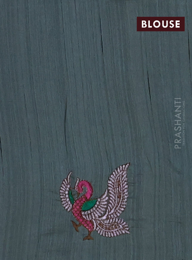 Semi raw silk saree green shade with embroidery work buttas and annam design embroidery border