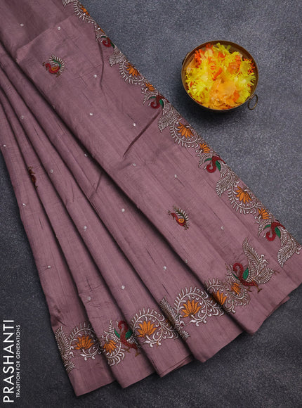 Semi raw silk saree rosy brown with embroidery work buttas and annam design embroidery border