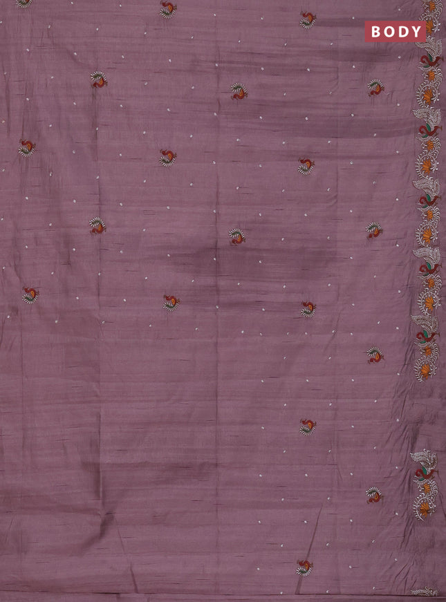 Semi raw silk saree rosy brown with embroidery work buttas and annam design embroidery border