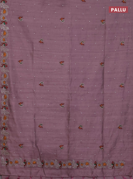 Semi raw silk saree rosy brown with embroidery work buttas and annam design embroidery border