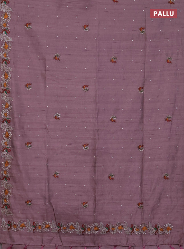 Semi raw silk saree rosy brown with embroidery work buttas and annam design embroidery border