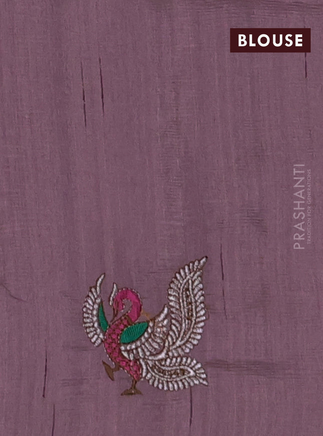 Semi raw silk saree rosy brown with embroidery work buttas and annam design embroidery border