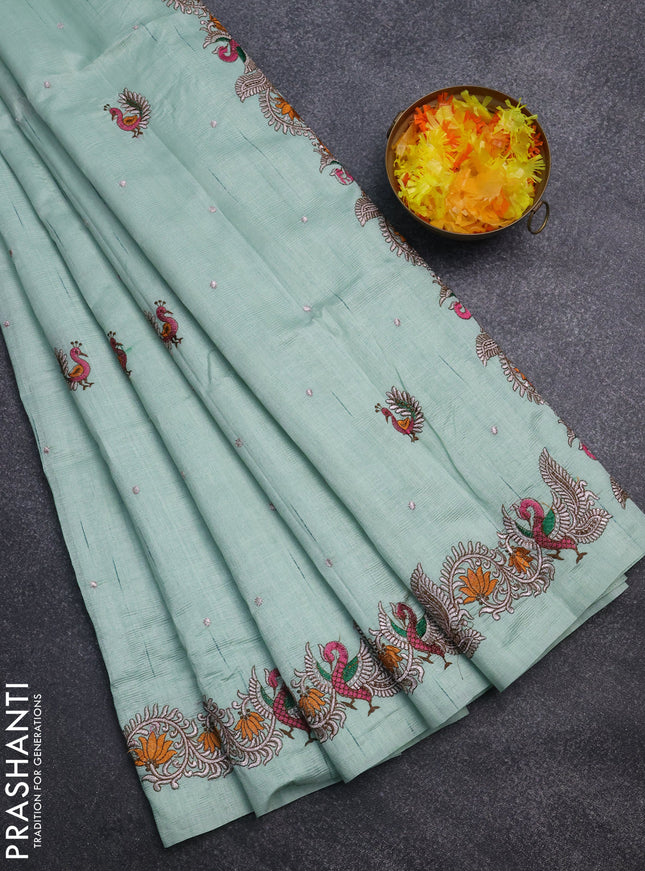 Semi raw silk saree pastel green with embroidery work buttas and annam design embroidery border
