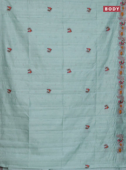 Semi raw silk saree pastel green with embroidery work buttas and annam design embroidery border