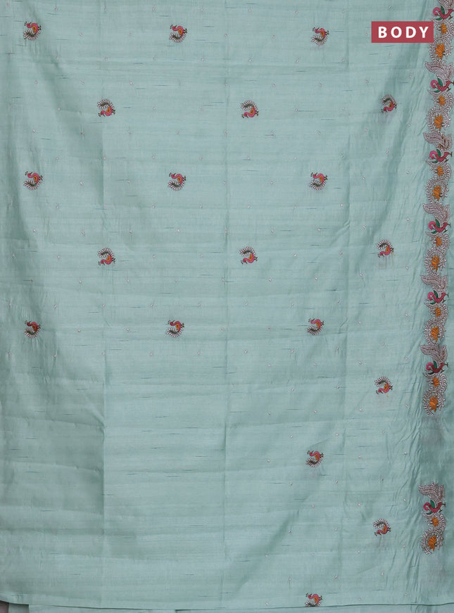 Semi raw silk saree pastel green with embroidery work buttas and annam design embroidery border