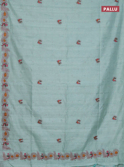 Semi raw silk saree pastel green with embroidery work buttas and annam design embroidery border