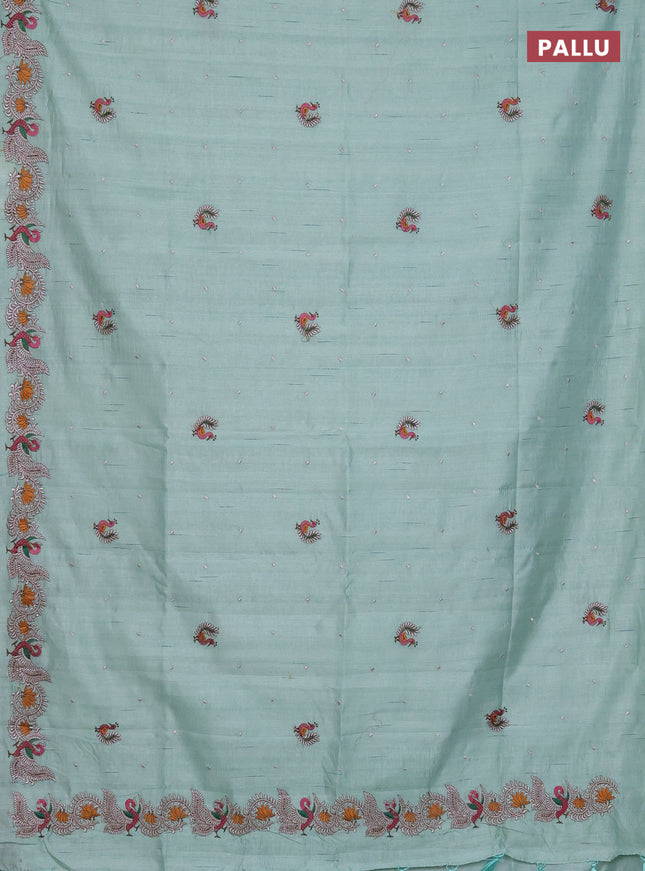 Semi raw silk saree pastel green with embroidery work buttas and annam design embroidery border