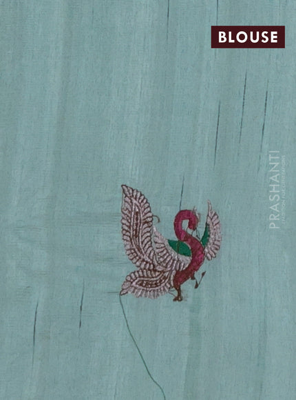 Semi raw silk saree pastel green with embroidery work buttas and annam design embroidery border