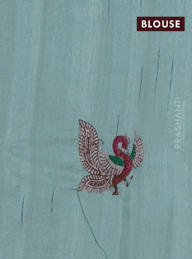 Semi raw silk saree pastel green with embroidery work buttas and annam design embroidery border