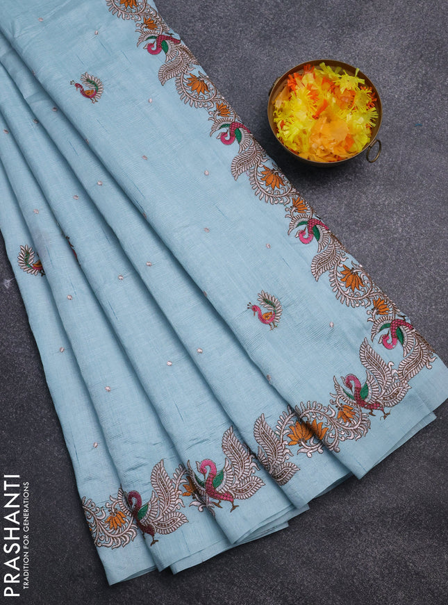 Semi raw silk saree pastel blue with embroidery work buttas and annam design embroidery border
