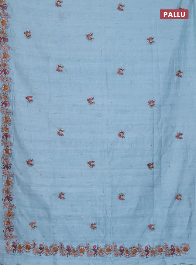 Semi raw silk saree pastel blue with embroidery work buttas and annam design embroidery border