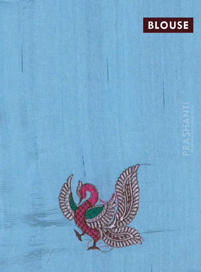 Semi raw silk saree pastel blue with embroidery work buttas and annam design embroidery border